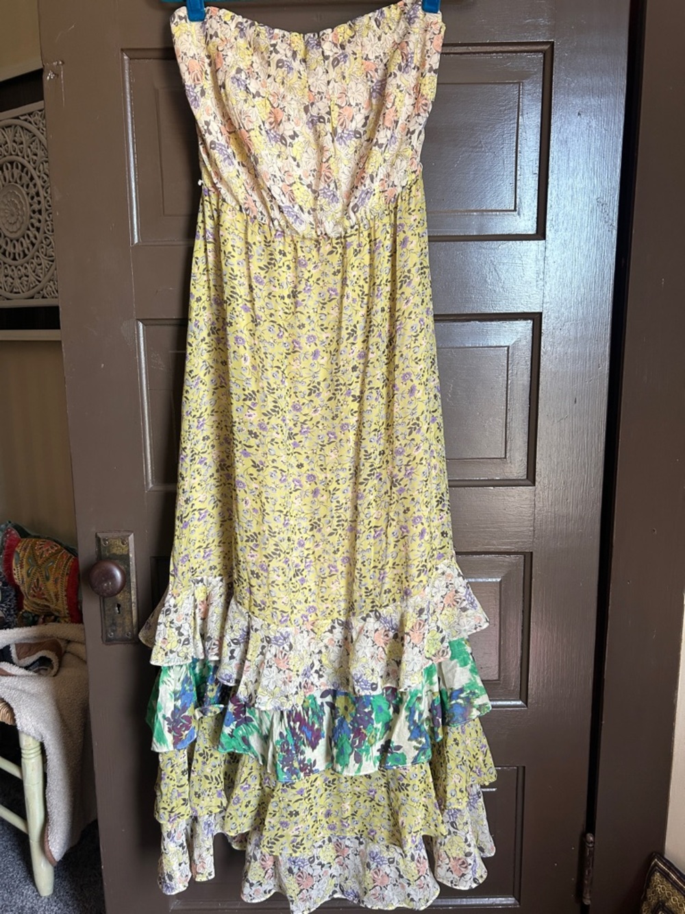 Moda International Yellow Floral Strapless Tiered Maxi Dress; size 6